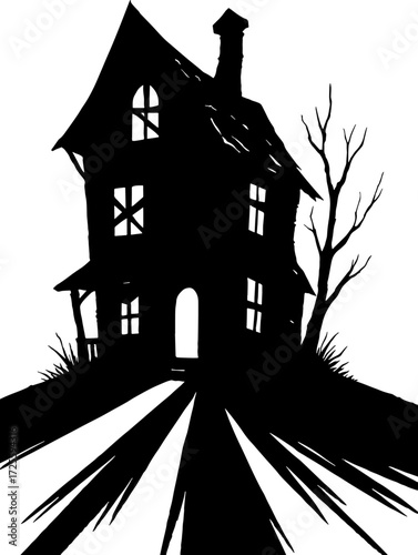 Scary house silhouette with tilted chimney and long shadows vector with white background 