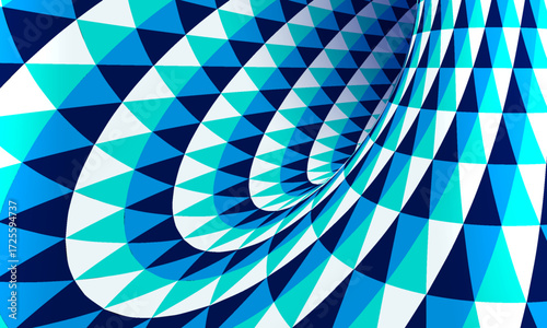 Geometric optical illusion background. A hypnotic 3D vortex or tunnel created from a moving blue triangle pattern