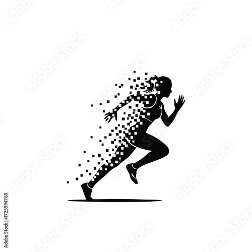 Dynamic silhouette of a runner transitioning into digital pixels, symbolizing speed and technology integration.