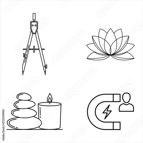 Four icon set featuring compass lotus stones candle magnet attracting person simplified graphics vector