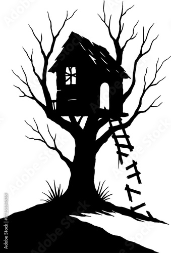 Scary treehouse with broken ladder - haunted children's home silhouette vector with white background 