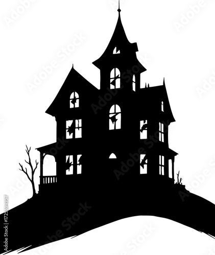 Silhouette of an abandoned Victorian mansion with broken windows on a hill vector with white background 