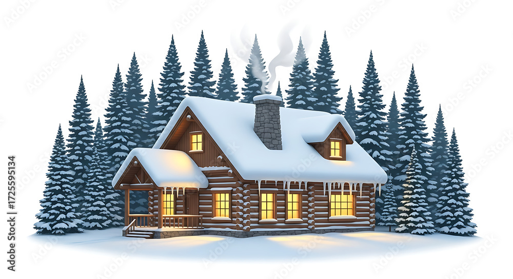 Fototapeta premium Cozy log cabin nestled in a snowy forest with smoke rising from the chimney, winter scene