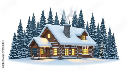 Cozy log cabin nestled in a snowy forest with smoke rising from the chimney, winter scene