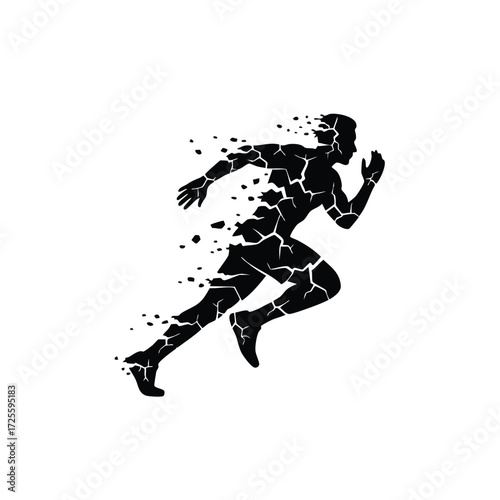 Dynamic silhouette of a runner in motion, illustrating speed and energy through fragmented design elements.