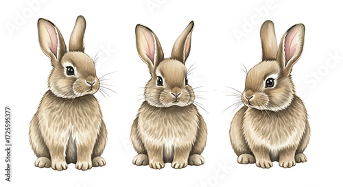 Three cute fluffy bunnies sitting and looking forward isolated on white background