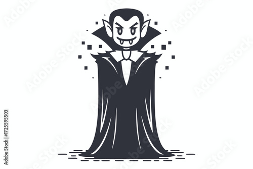 Classic cartoon vampire with a long cloak stands grinning mischievously on a white backdrop