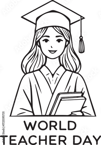 Black-and-white World Teacher Day illustration with smiling graduate in cap and gown holding books for education awareness