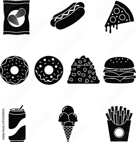 Black and White Fast Food Icons: A simple collection of high contrast snack symbols