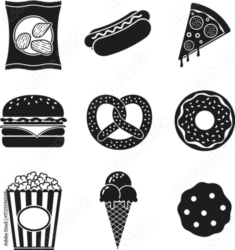 Black and white vector illustration showcasing an assortment of delicious junk food icons