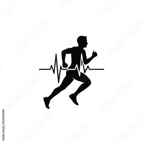 Dynamic silhouette of a runner in motion with a heartbeat line symbolizing health and fitness activity.