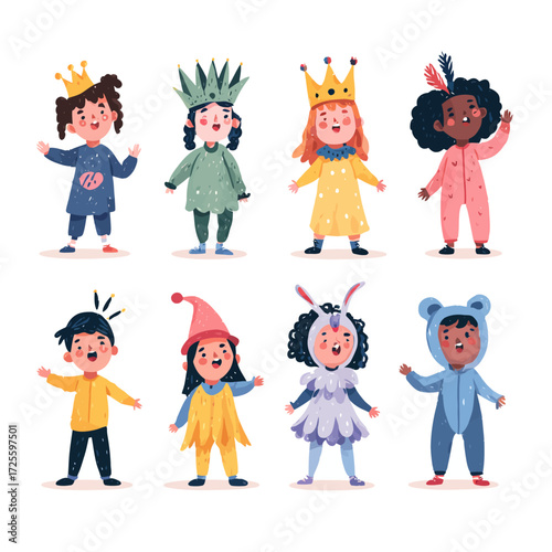 Eight adorable children dressed in diverse and playful costumes for a festive occasion.