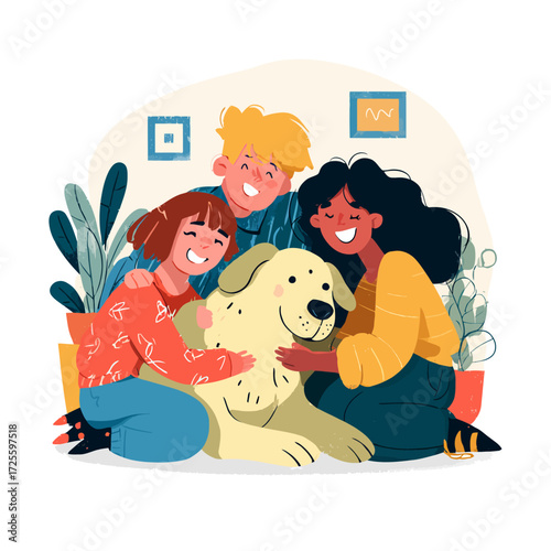 Happy children embracing a large, friendly dog indoors.