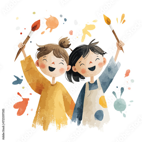 Two joyful girls celebrate art, holding paintbrushes amidst colorful watercolor splashes.