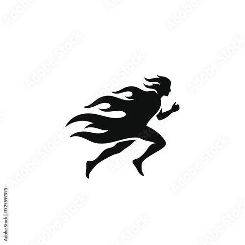 Dynamic silhouette of a running figure with flowing hair and cape, embodying speed and agility in motion.