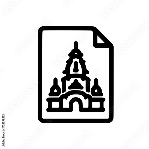 Vector icon of paper and Hindu temple spire representing religious writing sacred notes and tradition
