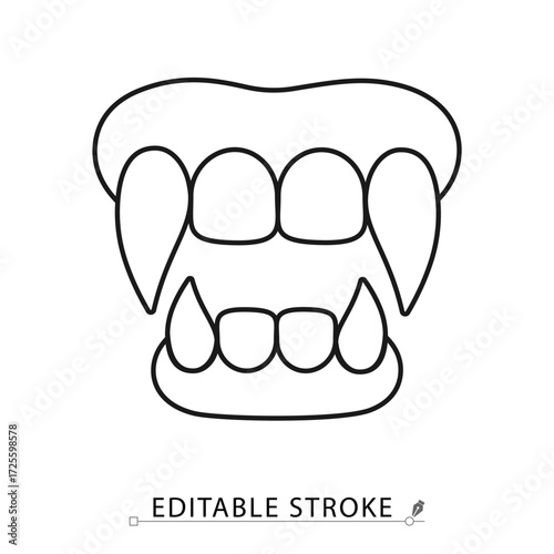 Vampire fangs icon in a minimalist style with editable stroke. Halloween monster teeth, dracula jaw, horror symbol, scary costume element, gothic party decoration, spooky bite concept.