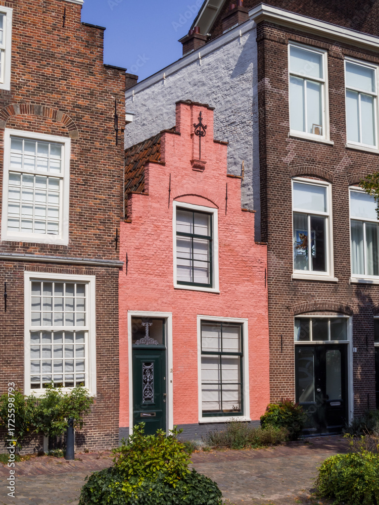 Fototapeta premium Colorful pink gabled house with historic brick neighbors in Leiden old town, Netherlands