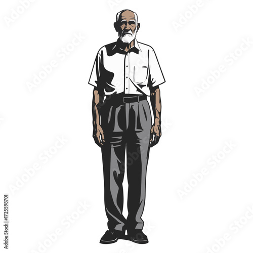 Elderly man with gray beard stands confidently in casual clothing indoors