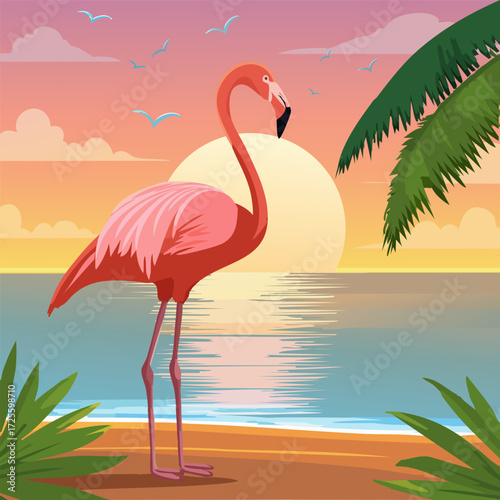 Sunset on the seashore.Vector illustration of a pink flamingo against the backdrop of a sunset on the seashore.