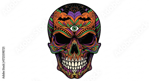 Colorful sugar skull with third eye, bat wings, and spider web, a vibrant and intricate design for halloween or day of the dead