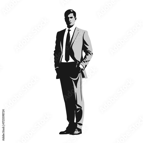 Professional man standing confidently in a suit with a business demeanor in a clean, modern style