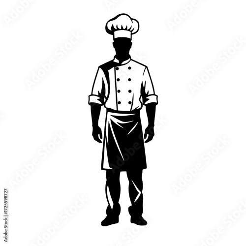 Chef standing confidently in uniform with a hat and apron ready for culinary tasks in a professional kitchen setting