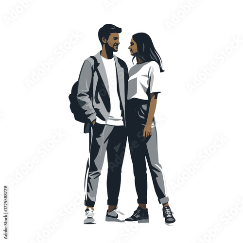 Young couple enjoying a casual moment together in modern clothing while standing in an urban space during the afternoon