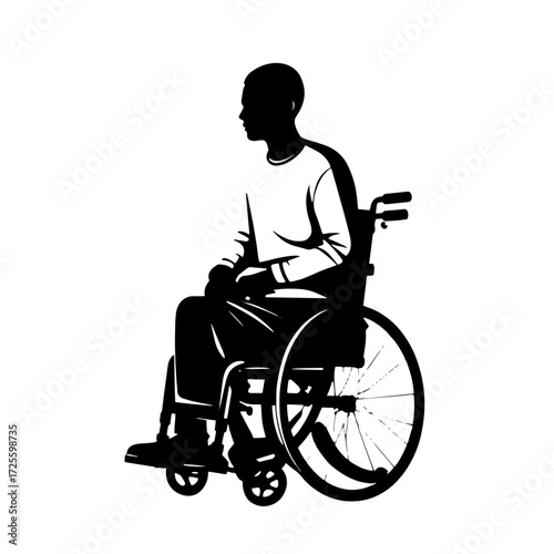 Individual in wheelchair engaging in thoughtful contemplation in a simple, calm environment