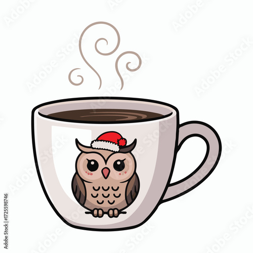 Cute owl wearing santa hat on coffee mug with steam isolated on white background