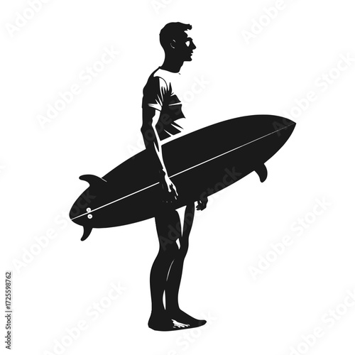 Surfer stands confidently with a surfboard at the beach during sunset preparing for an exciting wave riding session