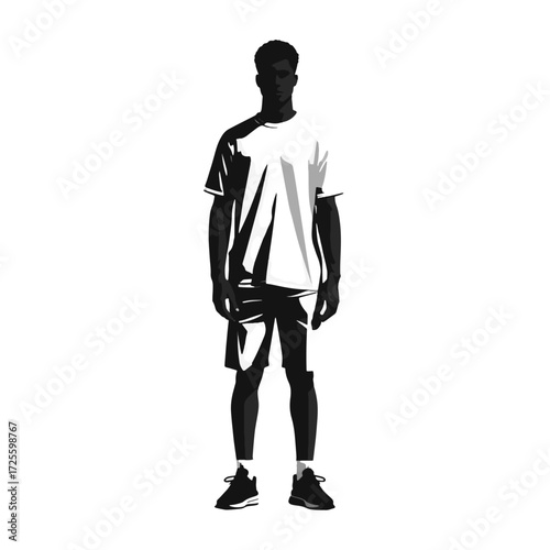Silhouette of soccer player standing with ball ready for action on a field