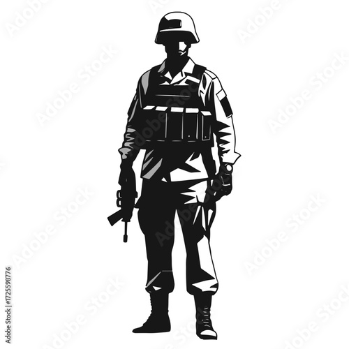 Soldier stands confidently with weapon in hand, showcasing military attire and gear in an undisclosed location