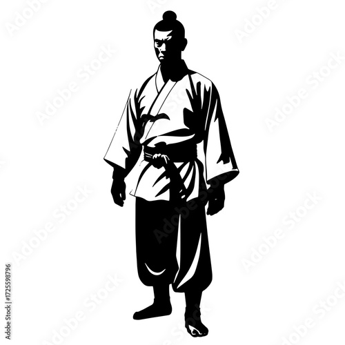 Samurai warrior in traditional attire stands confidently with a strong presence in a minimalist design
