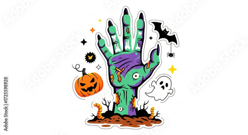 Zombie hand rising from the ground with halloween elements, a spooky and fun design for halloween decorations and invitations