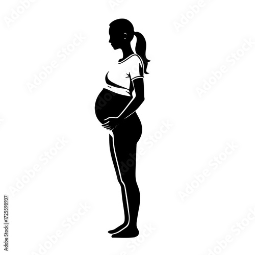 Silhouette of a pregnant woman cradling her baby bump in a serene pose against a plain background