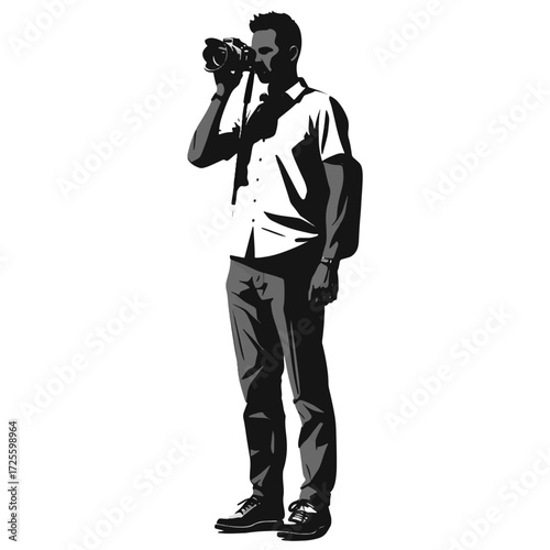 Man taking photographs with a camera in a casual outdoor setting during the day