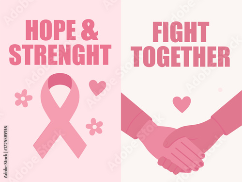 Breast Cancer Awareness Poster – Hope and Strength, Fight Together Pink Ribbon Design