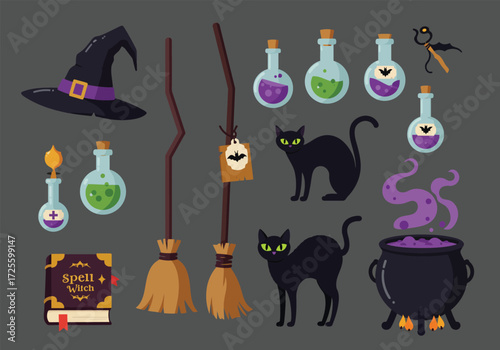 Vector art of a whimsical Halloween scene featuring a witches' hat, black cats, a bat, a pumpkin, potion bottles, spellbooks, a cauldron, a broom, scissors, and a ghost, all set against a clean white 