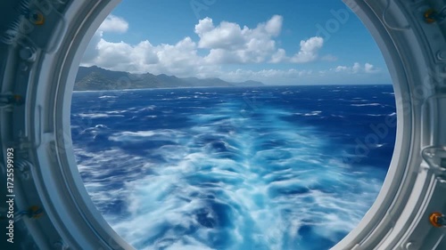 Ocean View Through Circular Window with Deep Blue Waters White Clouds Island Landscape and Boat Wake Creating a Serene Scene