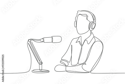 Minimalist line art of a podcaster speaking into a microphone
