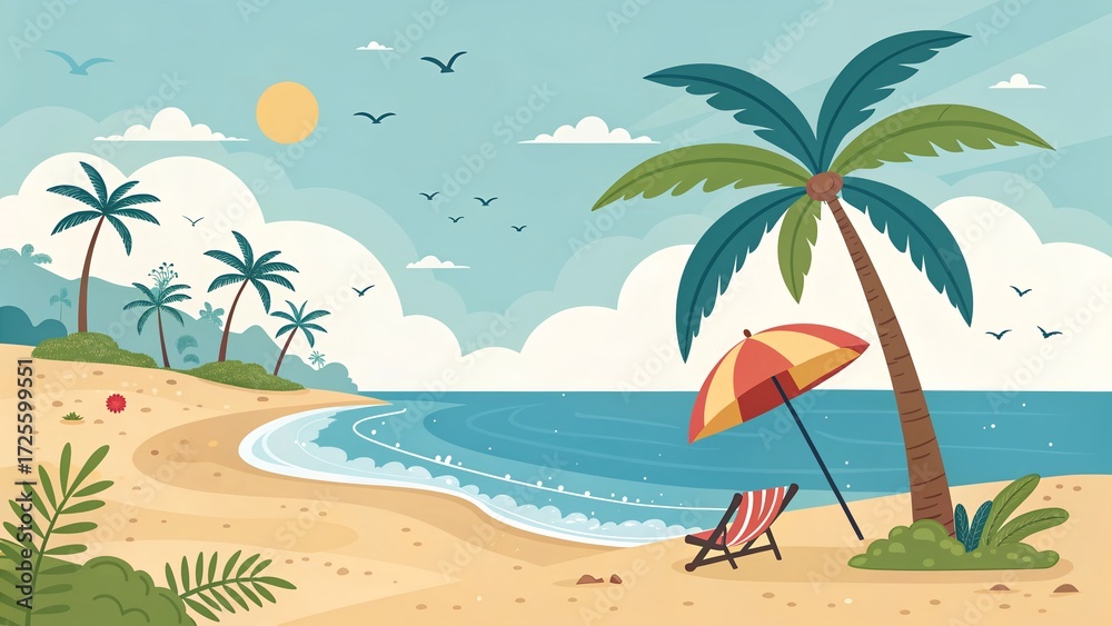 Obraz premium Tropical paradise beach scene with palm trees ocean and relaxing chairs