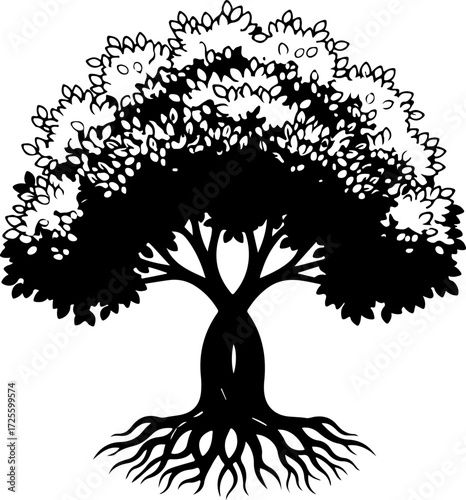 Silhouette of a tree with dense foliage and roots