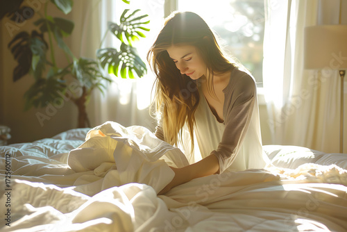 Morning Serenity: A young woman finds a moment of tranquility as she sits on her bed, bathed in the soft light of the morning sun. with sheets in hand and serene expression.