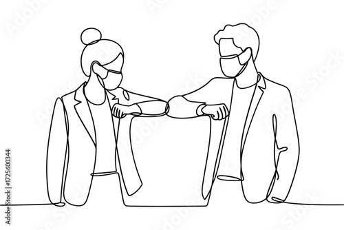 Two people wearing masks bump elbows in a line drawing