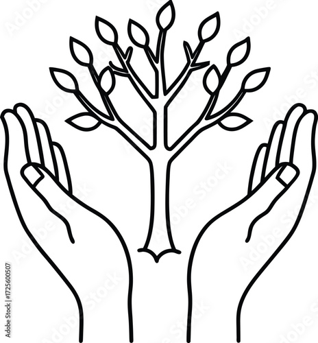 Illustration of hands holding a tree the tree is a symbol of life, growth, and nature, while the hands represent care and protection