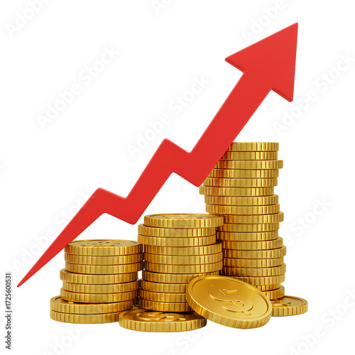 Rising Coins Graph with Red Arrow Showing Growth and Profit