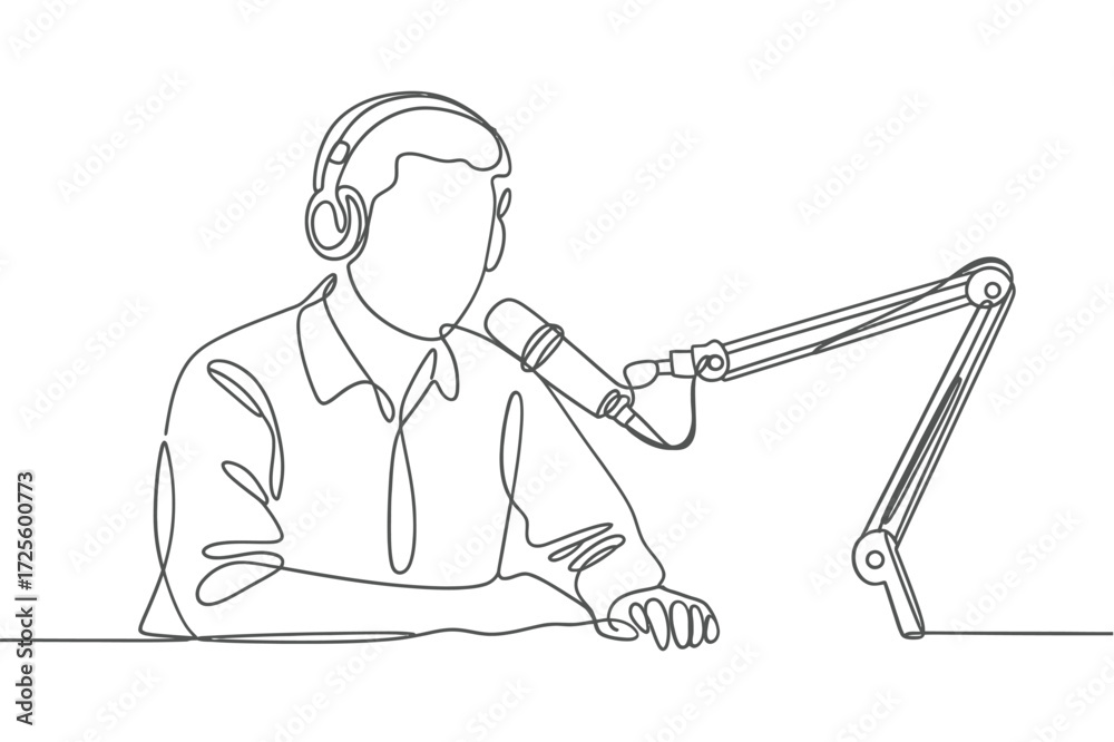 Obraz premium Minimalist line art of a person recording audio with a microphone