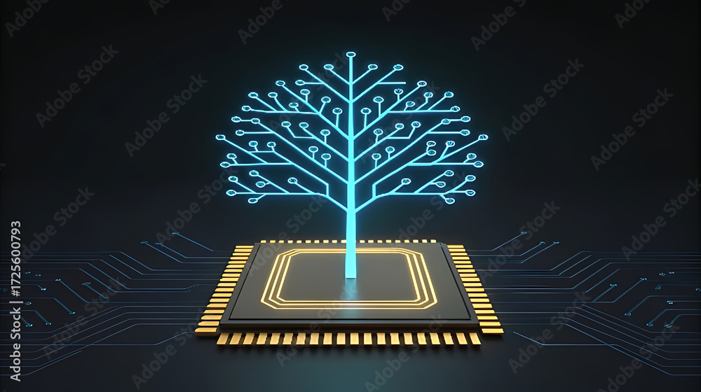 Fototapeta premium Neon blue circuit tree on computer chip technology 1