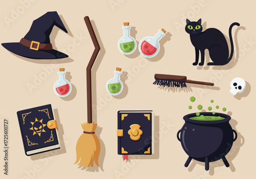 Vector art of a whimsical Halloween scene featuring a witches' hat, black cats, a bat, a pumpkin, potion bottles, spellbooks, a cauldron, a broom, scissors, and a ghost, all set against a clean white 
